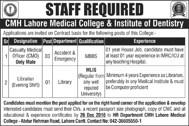 CMH Lahore Medical College Jobs 2024 January Advertisement Eligibility