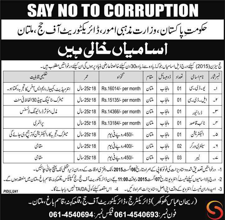 Directorate of Hajj Ministry Of Religious Affairs Multan Jobs 2024 Advertisement