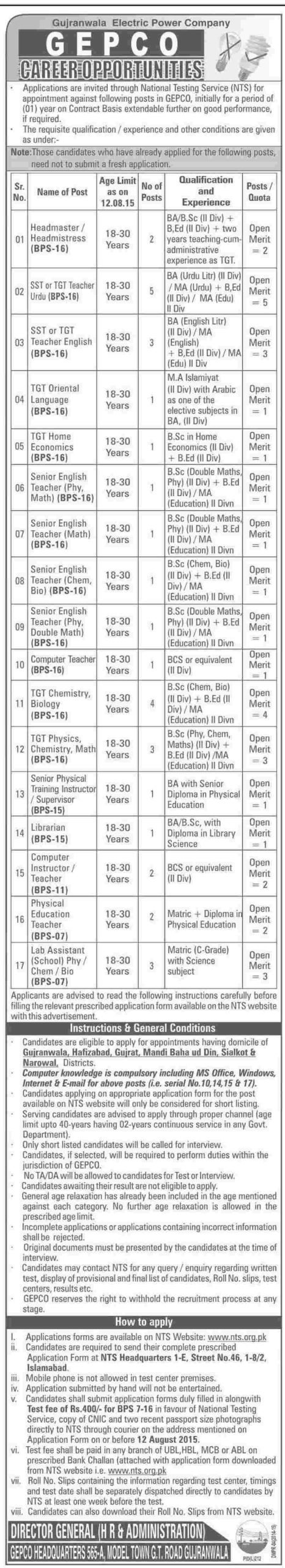 GEPCO Teaching Jobs 2024 Advertisement NTS Form Gujranwala Electric