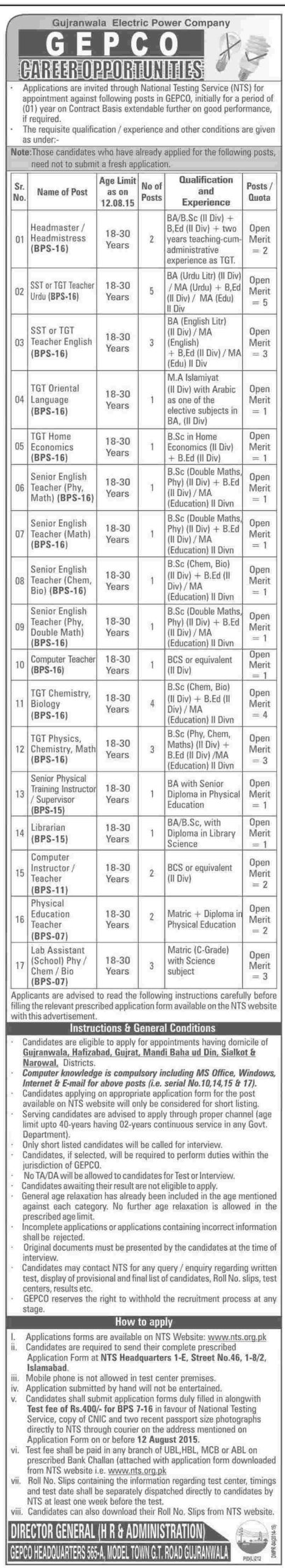GEPCO Teaching Jobs 2023 Advertisement NTS Form Gujranwala Electric
