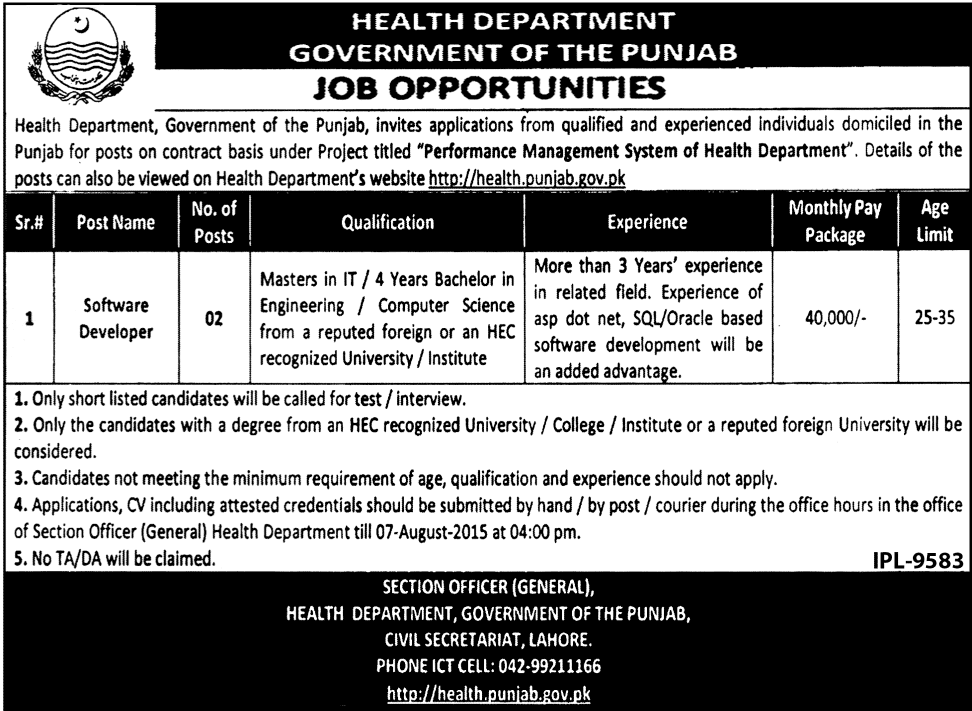 Health Department Government Of Punjab Jobs 2023 Software Developer Advertisement