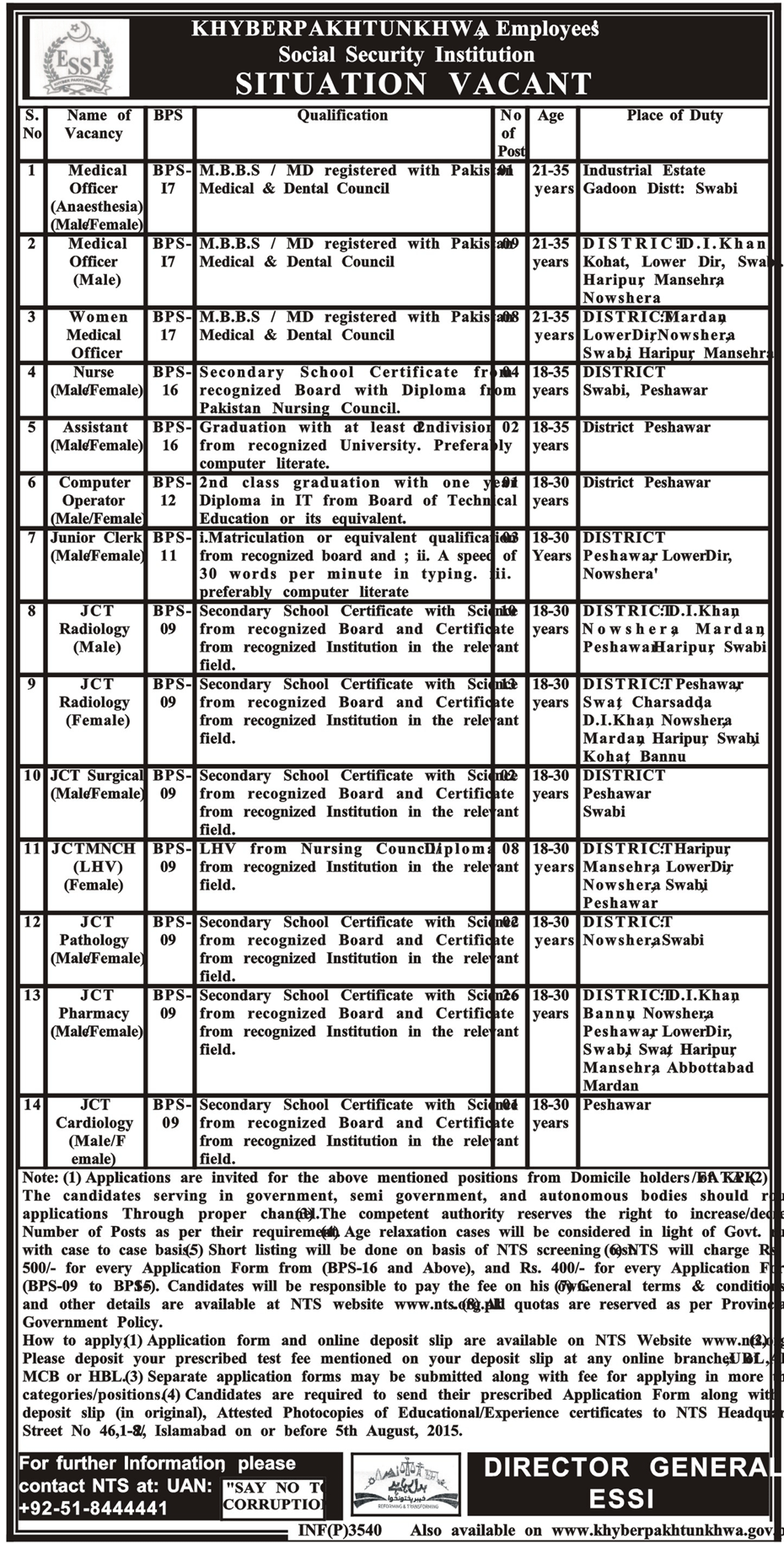 KPK Employee Social Security Institution Jobs 2023 NTS Application Form