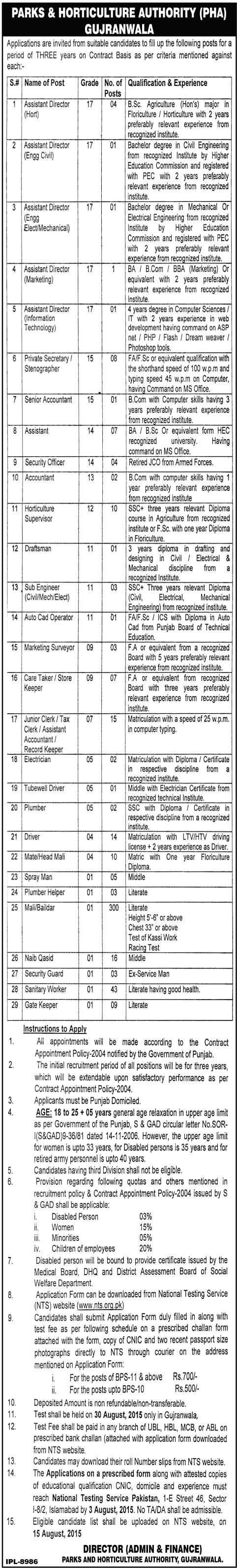 Parks And Horticulture Authority PHA Gujranwala Jobs 2023 NTS Application Form