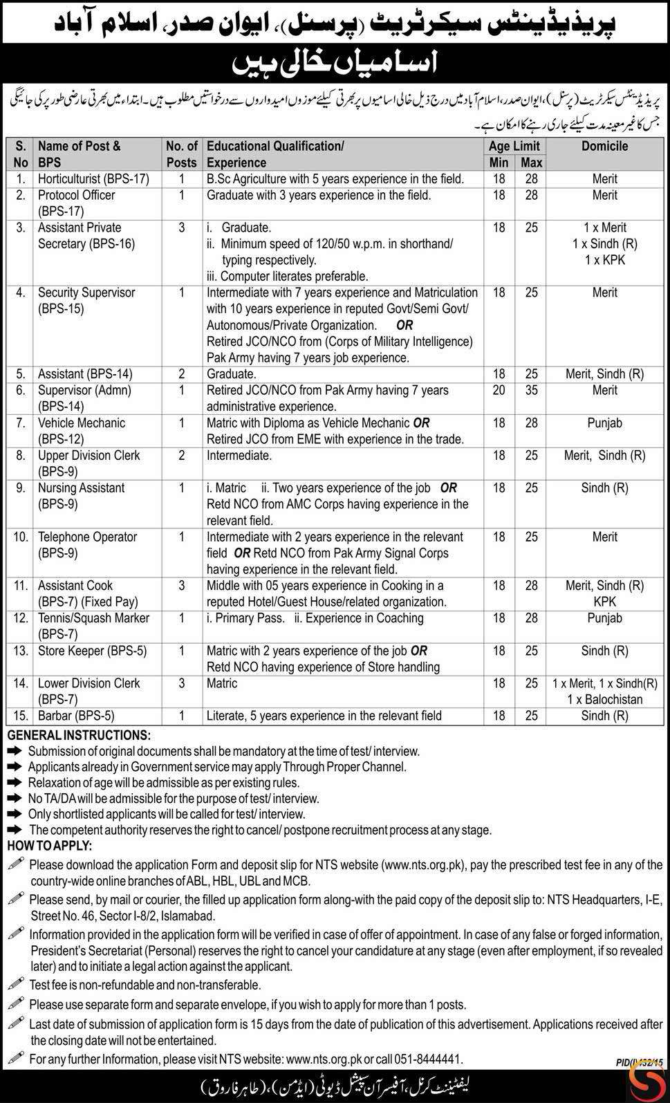 President Secretariat Aiwan-e-Sadr Islamabad Jobs 2023 Advertisement NTS Form