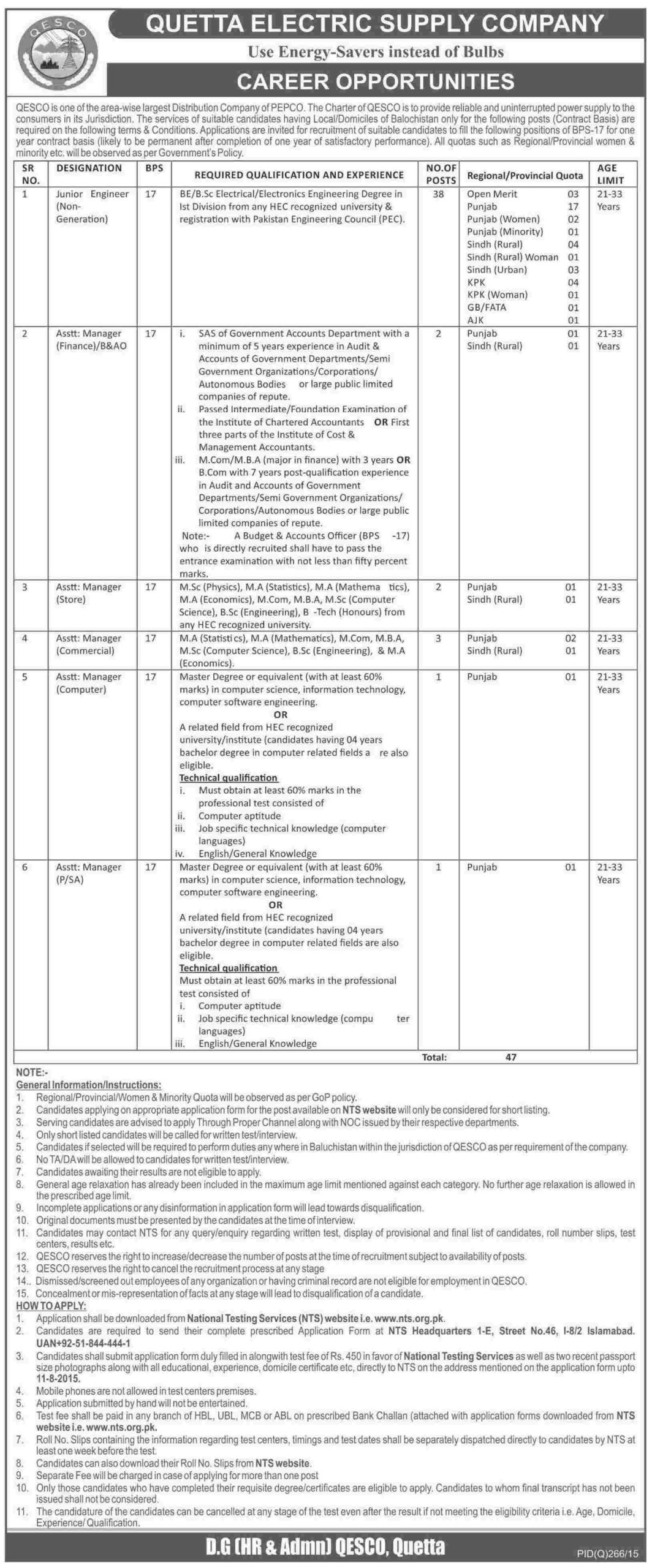 Quetta Electric QESCO Jobs 2023 Engineer, Asst Manager NTS Application Form