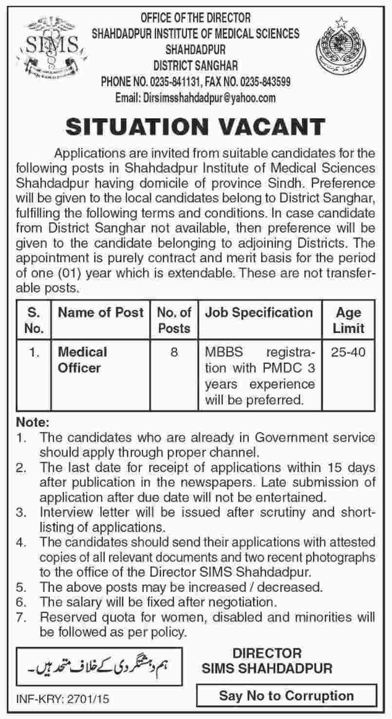 SIMS Sanghar Medical Officer Jobs 2023 Latest Advertisement