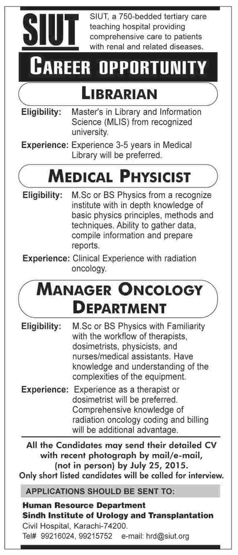 SUIT Karachi Jobs 2023 Advertisement Librarian, Medical Physicist, Manager Oncology