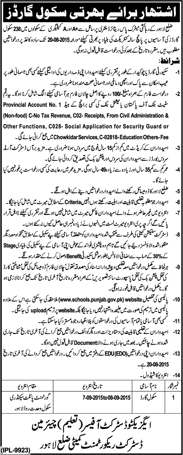 School Security Guard Jobs in Education Department Lahore July 2024 Advertisement