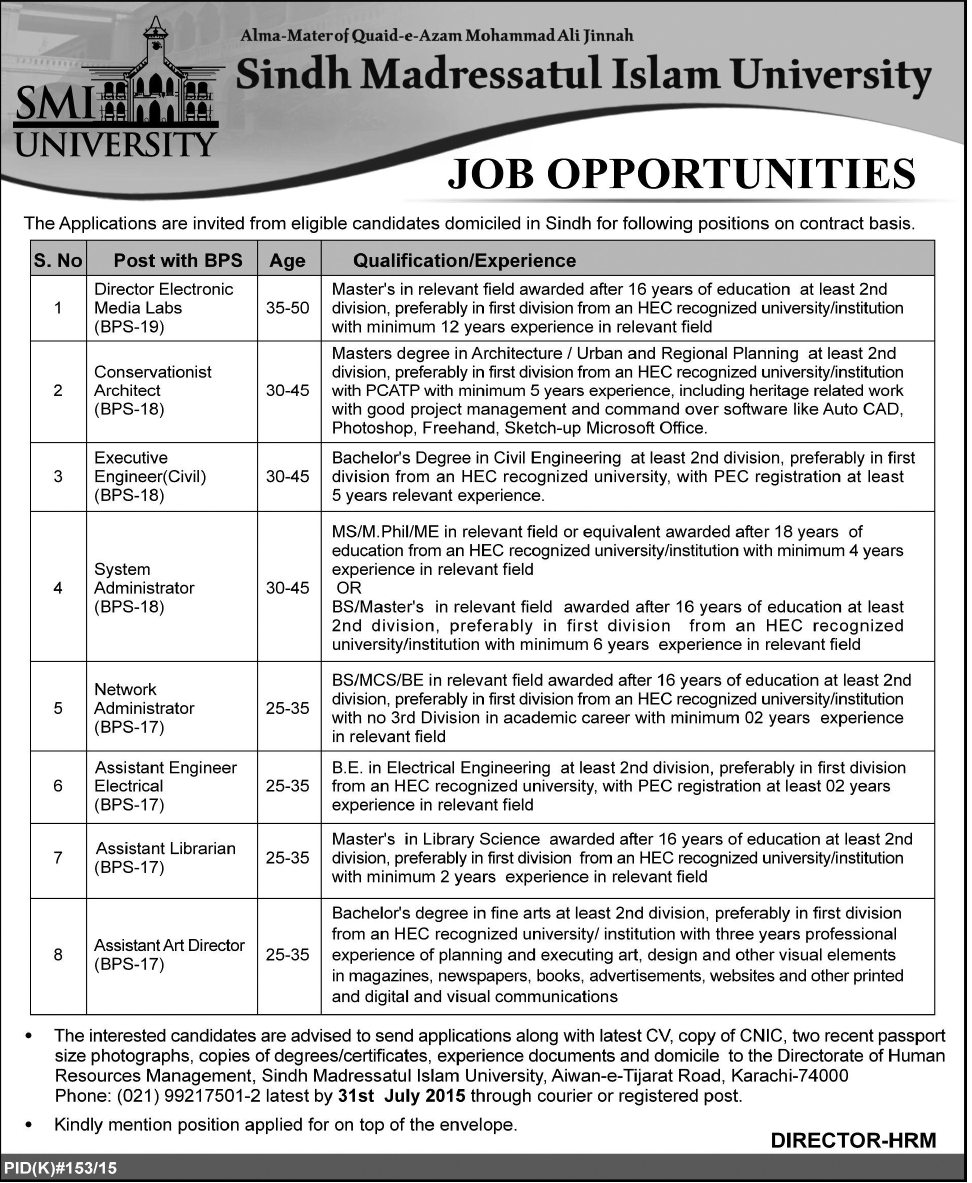 Sindh Madressatul Islam University Karachi Jobs 2023 SMIU Advertisement