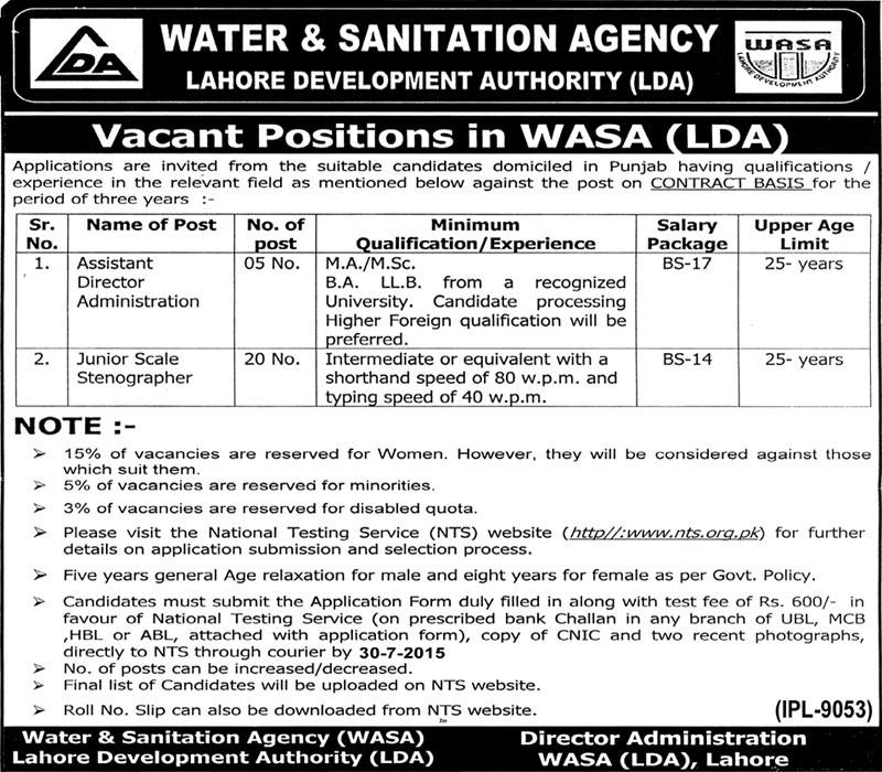 WASA LDA Lahore Jobs 2023 NTS Form Assistant Director, Stenographer