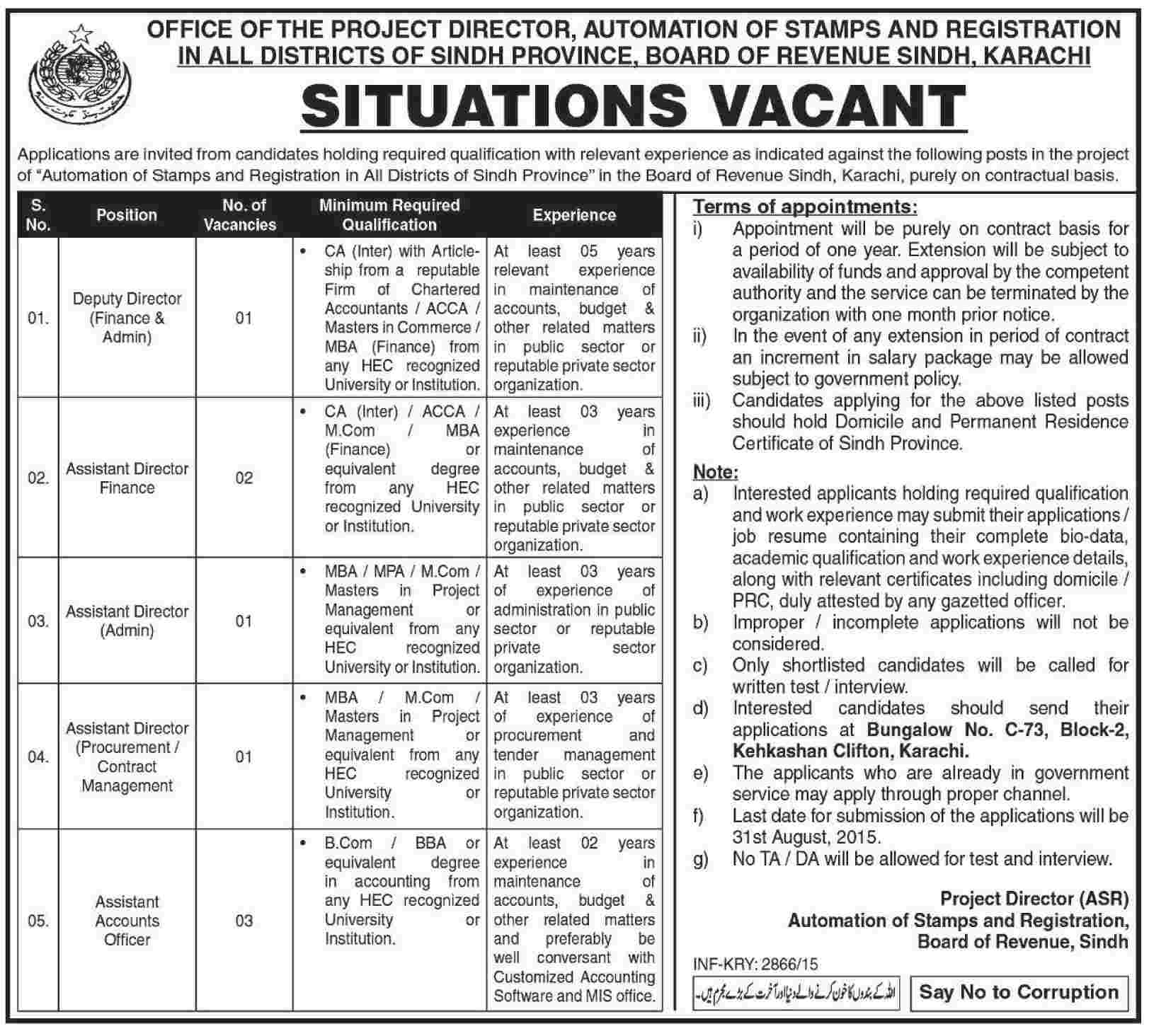 Board of Revenue Sindh Jobs 2023 Automation of Stamp and Registration