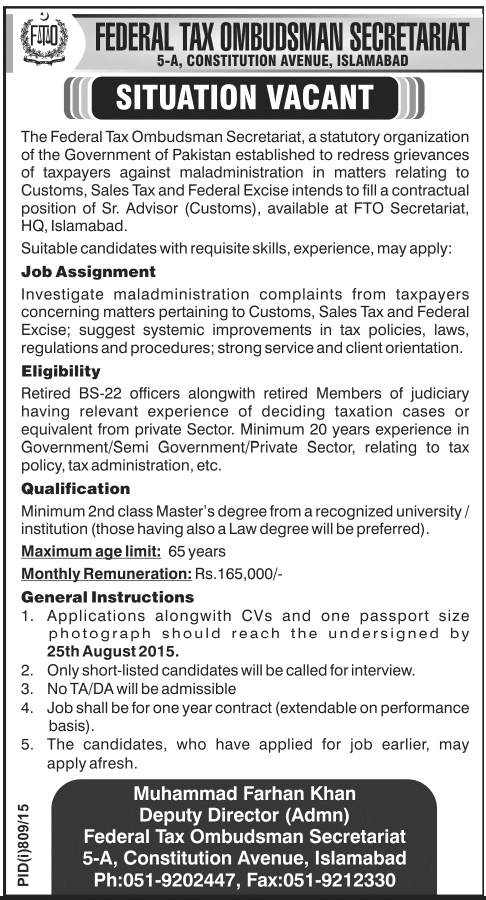 Federal Tax Ombudsman Secretariat Jobs 2023 Islamabad Advertisement