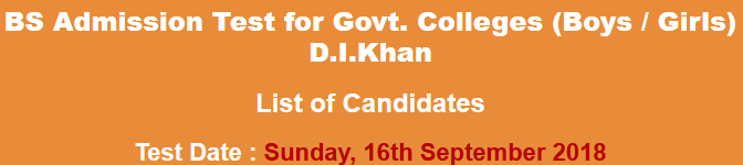 Government College DI Khan NTS Admission Test Result 2023 16th September