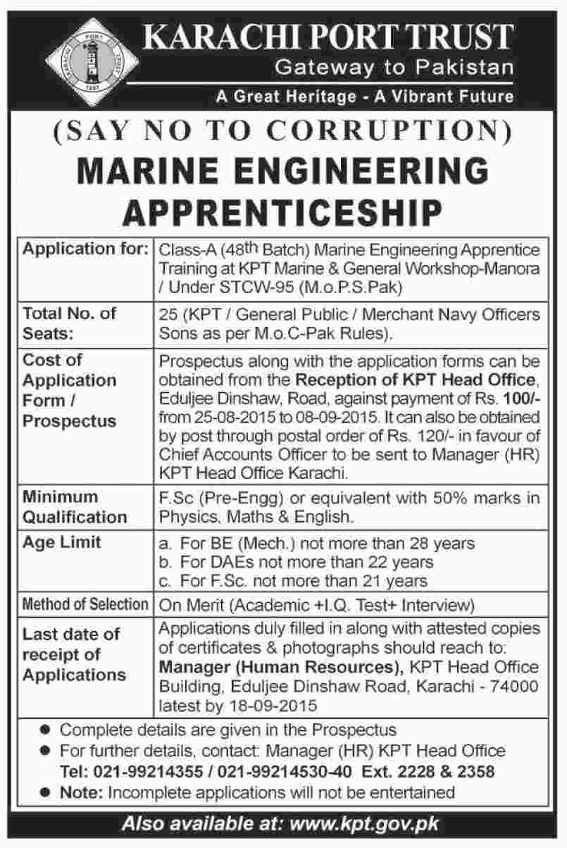 Karachi Port Trust Jobs 2023Marine Engineering Apprenticeships Application Form