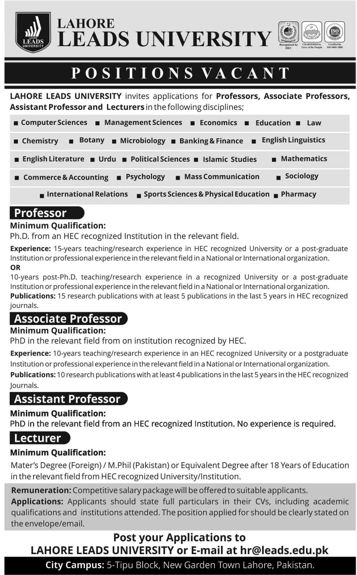 Lahore Lead University Jobs 2023 Professor Lecturer Position Advertisement