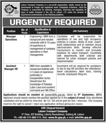Lahore Transport Company Jobs 2023 LTC Advertisement For Managers