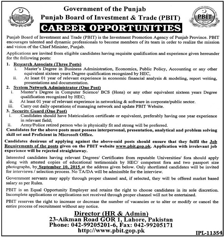 PBIT Jobs 2023 Punjab Board of Investment and Trade Vacancies Advertisement
