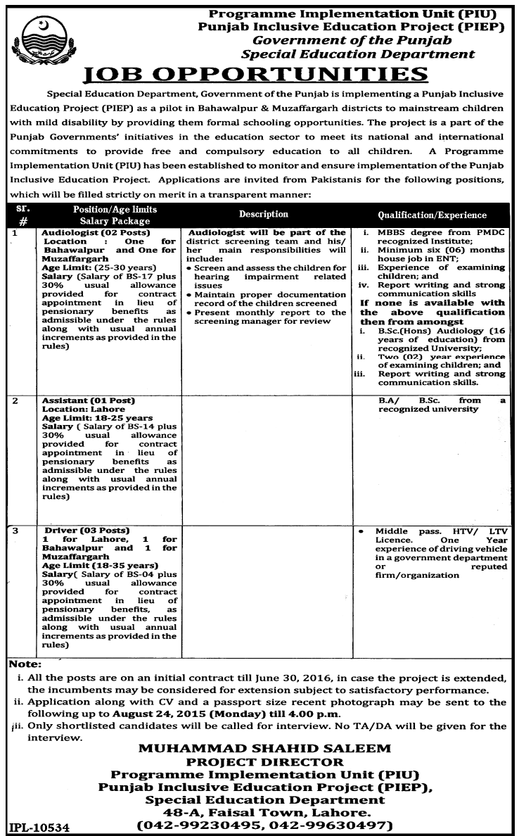 PIEP Special Education Department Lahore Jobs 2024