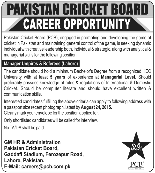 Pakistan Cricket Board PCB Jobs 2024 In Lahore Advertisement