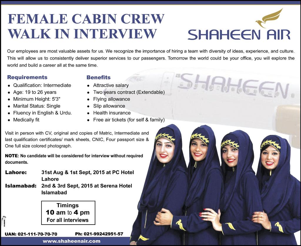 Shaheen Airline Cabin Crew Job May 2017 Advertisement 