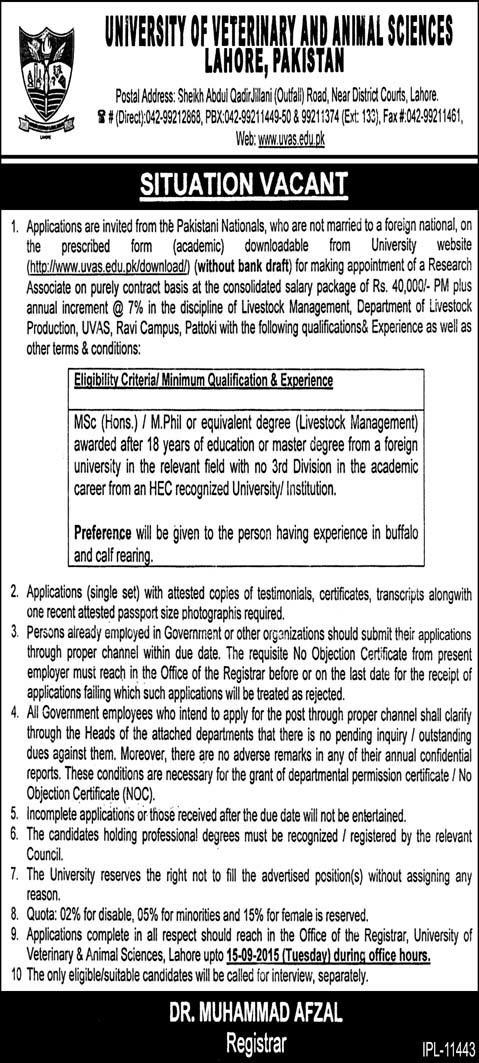 University of Veterinary and Animal Science Lahore UVAS Jobs 2023  Advertisement