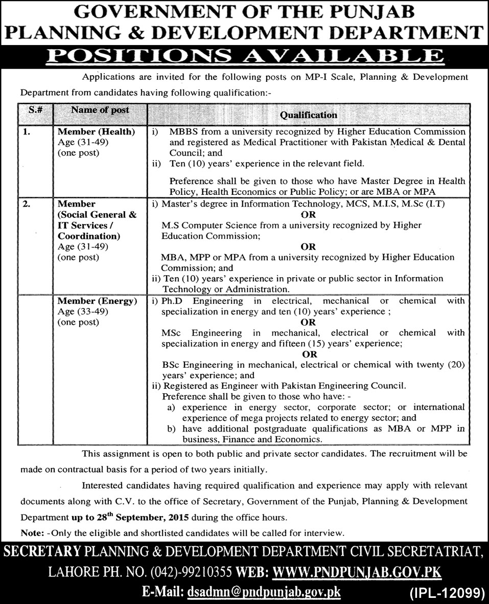 GOVT Jobs 2023 in Planning and development Department Punjab Advertisement September Apply Last Date