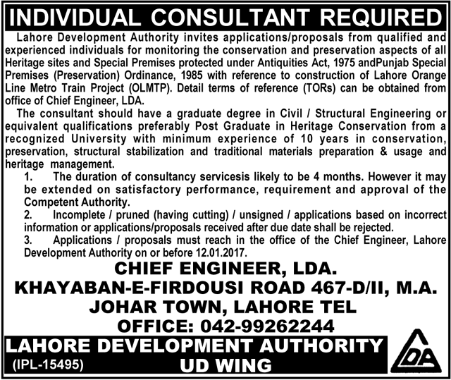 LDA Lahore Development Authority Jobs 2023 January Advertisement Consultant