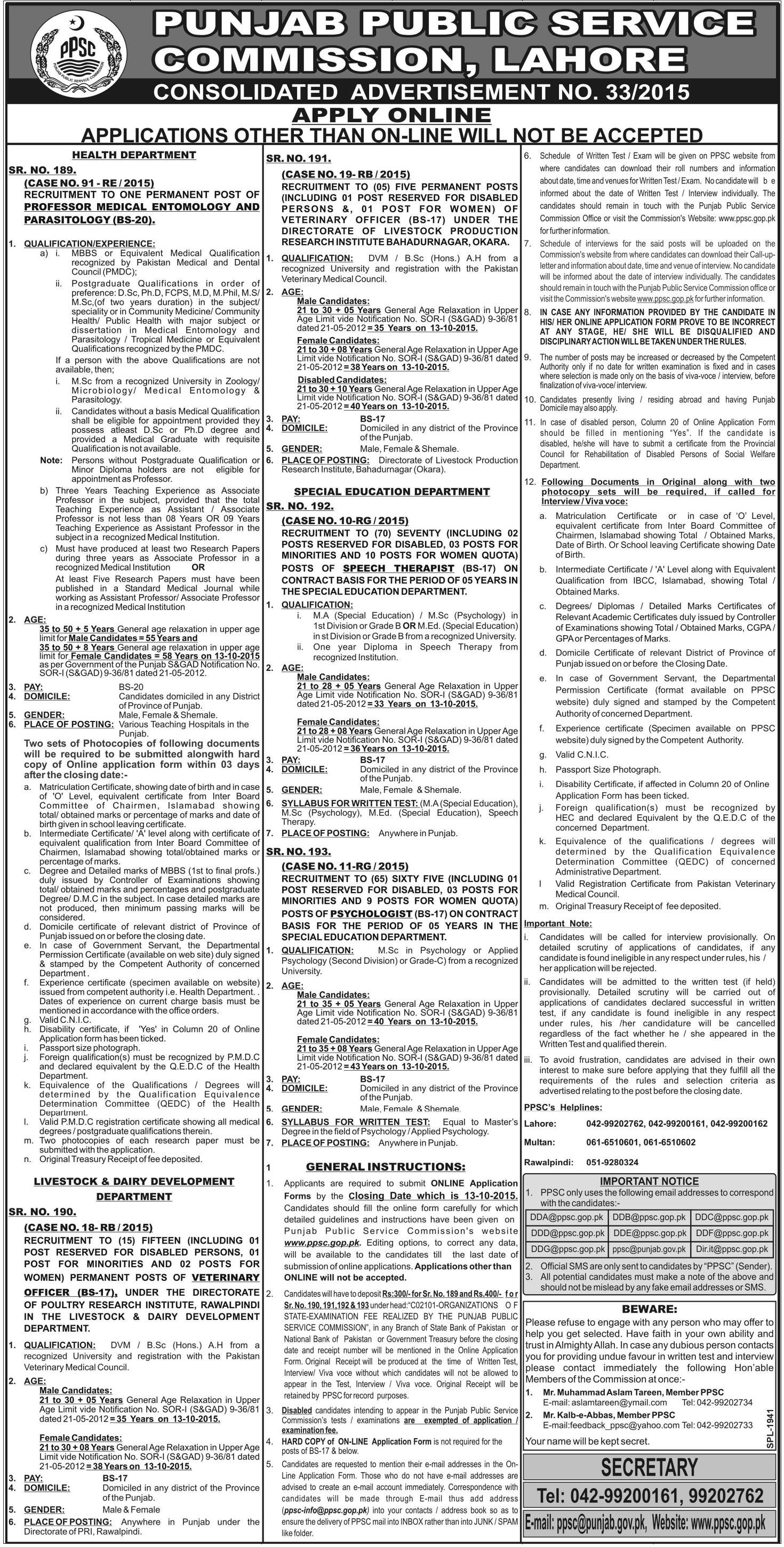 PPSC Health Department Jobs 2023 Advertisement For Parasitology, Professor Medical