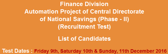 Finance Division Automation Project of National Savings NTS Test Result 2024 9th, 10th, 11th December