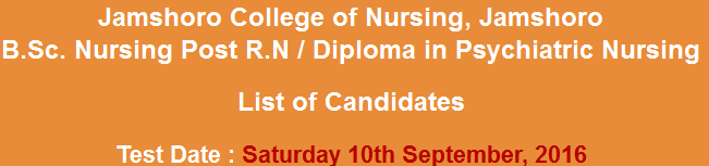 Jamshoro College of Nursing NTS Admission Test Result 2023 10th September