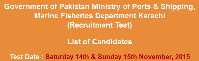 Marine Fisheries Department Karachi Jobs NTS Test Result 2023 14th, 15th November