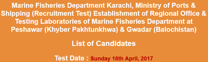 Marine Fisheries Department Karachi Jobs NTS Test Result 2024 16th April