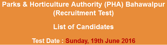Parks & Horticulture Authority PHA Bahawalpur NTS Test Result 2023 19th June
