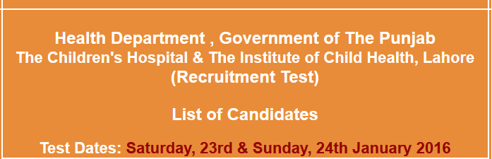 Children Hospital Lahore Jobs NTS Test Result 2023 23rd, 24th, January