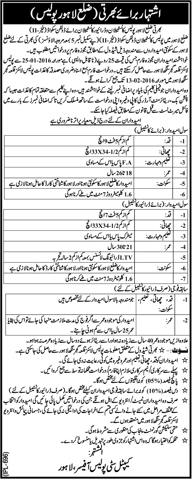Dolphin Police Lahore Constable, Driver Constable Jobs 2024 January