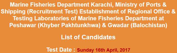 Ministry Of Ports & Shipping, Marine Fisheries Department Karachi NTS Test Result 2023 16th April