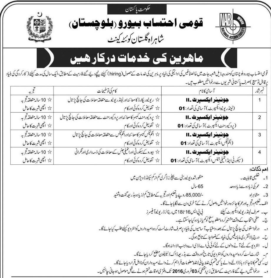 NAB Balochistan Junior Expert Jobs 2023 January Application Form Download Advertisement