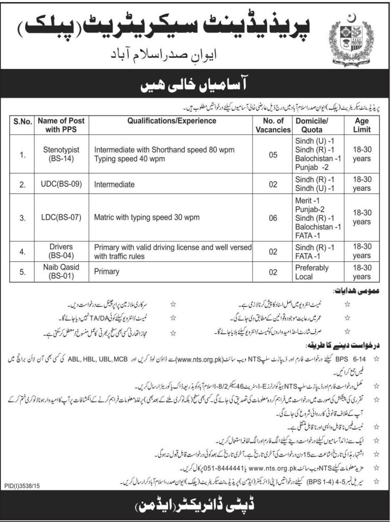President Secretariat Islamabad NTS Jobs 2024 Stenotypist, UDC, LDC, Drivers, Naib Qasid Application Form