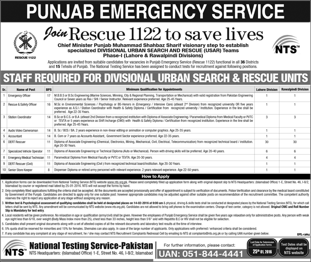 Rescue 1122 Jobs 2024 Lahore, Rawalpindi Emergency Officer, Accountant, Store Keeper, Medical Technician Advertisement