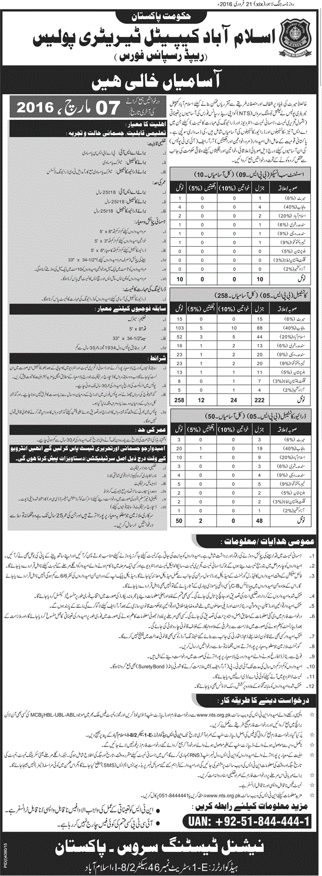 Islamabad Police ASI, Constable NTS Jobs 2024 Application Form