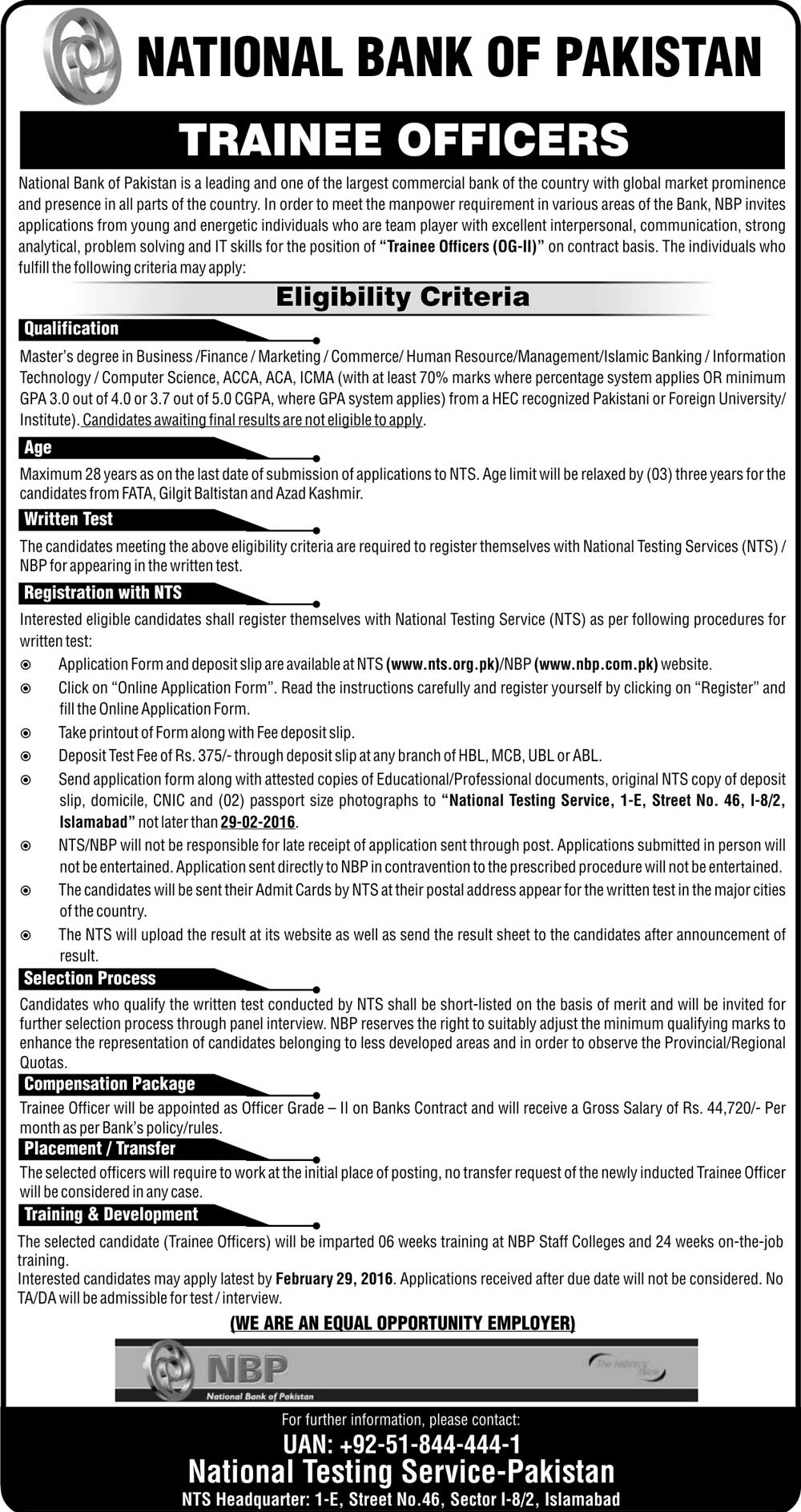 National Bank NBP Trainee Officers OG 2 Jobs 2024 NTS Application