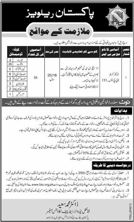 Pakistan Railways Junior Auditors Jobs 2023 BTS Application Form