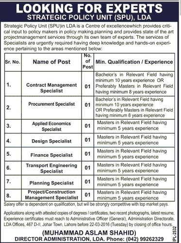 LDA Lahore Johar Town Office Jobs 2023 SPU Vacancies Application Form Last Date