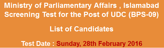 Ministry of Parliamentary Affairs Islamabad UDC Jobs NTS Test Result 2023 28th February