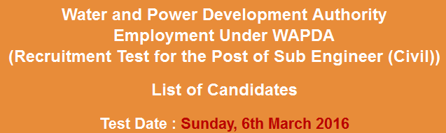 WAPDA Sub Engineer Civil Jobs NTS Test Result 2023