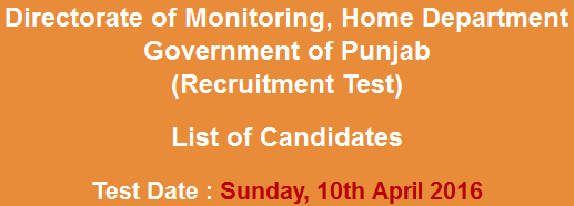 Directorate Of Monitoring Home Department Punjab NTS Test Result 2024