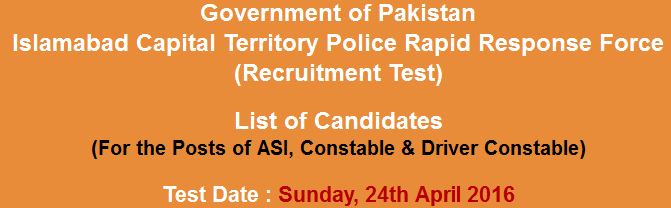 Rapid Response Force Islamabad Police ASI, Constable NTS Test Result 2023 24th April