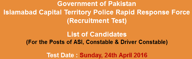 Rapid Response Force Islamabad Police ASI, Constable NTS Test Result 2024 24th April