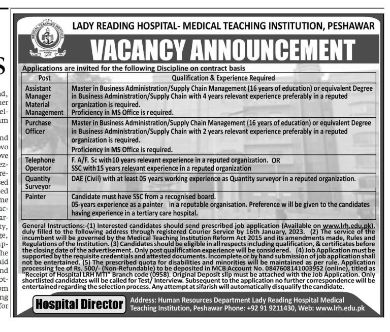 Lady Reading Hospital jobs 2024 application form
