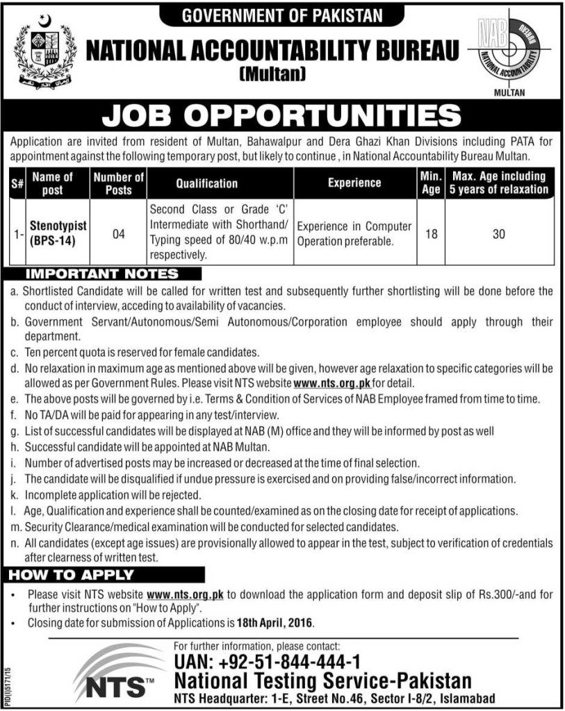 NAB NTS Jobs 2024 April Advertisement Application Form Stenotypist GOVT Vacancy